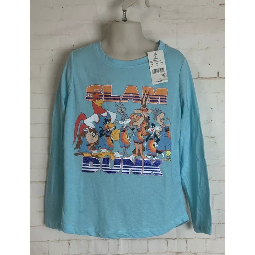 Space Jam Aqua Green Slam Dunk Long Sleeve Kids Shirt Top Size S‎ (6/6x)
